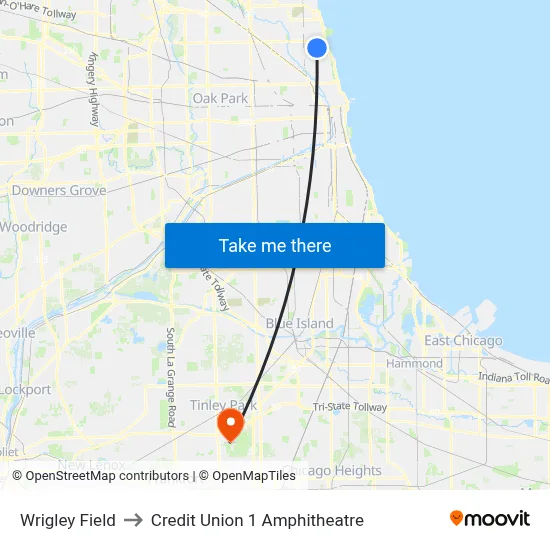 Wrigley Field to Credit Union 1 Amphitheatre map