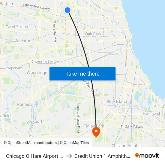 Chicago O Hare Airport ORD to Credit Union 1 Amphitheatre map