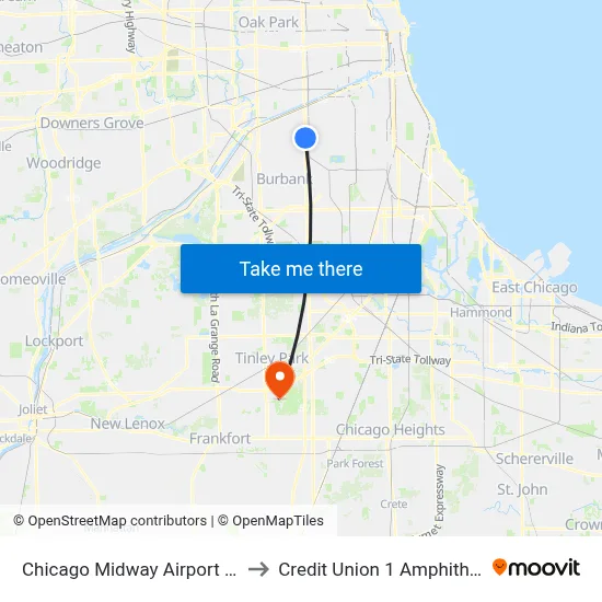 Chicago Midway Airport MDW to Credit Union 1 Amphitheatre map