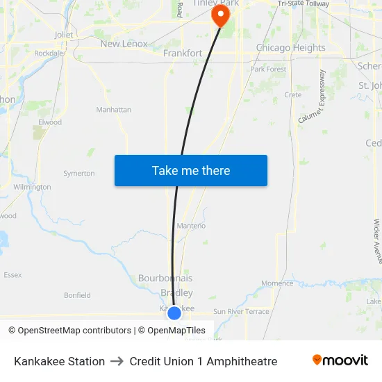 Kankakee Station to Credit Union 1 Amphitheatre map