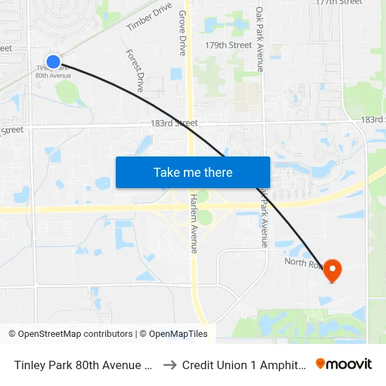 Tinley Park 80th Avenue Station to Credit Union 1 Amphitheatre map