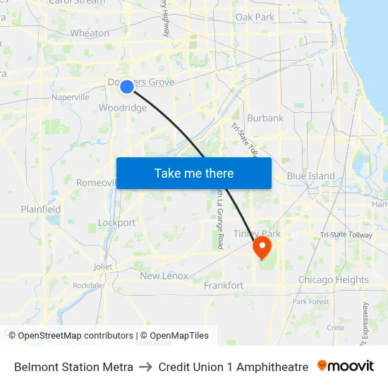 Belmont Station Metra to Credit Union 1 Amphitheatre map