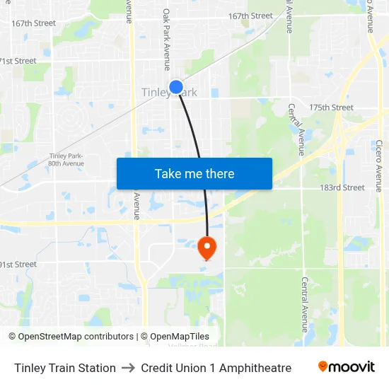 Tinley Train Station to Credit Union 1 Amphitheatre map