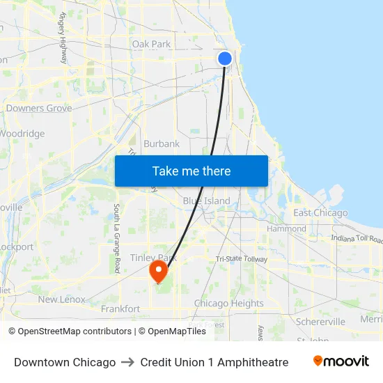 Downtown Chicago to Credit Union 1 Amphitheatre map