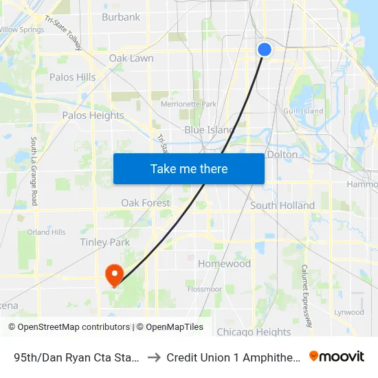 95th/Dan Ryan Cta Station to Credit Union 1 Amphitheatre map