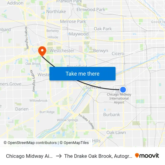 Chicago Midway Airport MDW to The Drake Oak Brook, Autograph Collection map