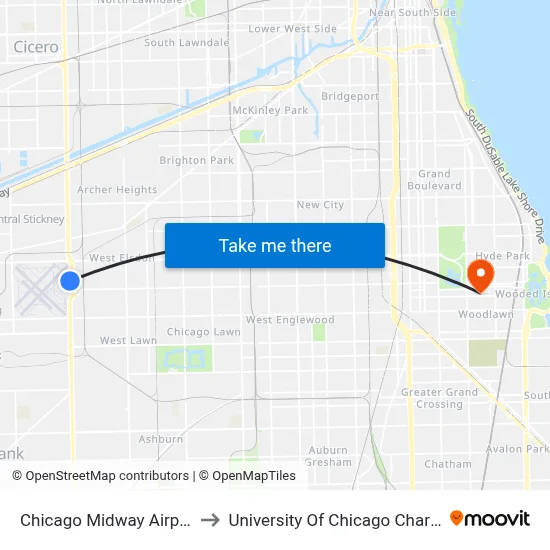 Chicago Midway Airport MDW to University Of Chicago Charter School map