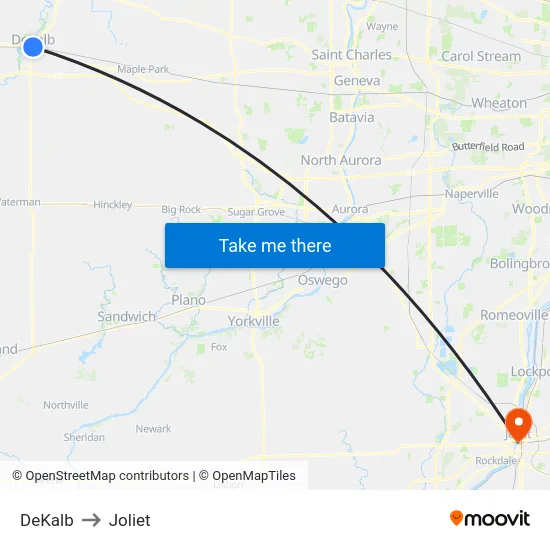 DeKalb to Joliet map