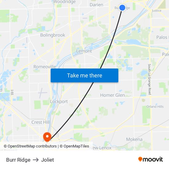 Burr Ridge to Joliet map