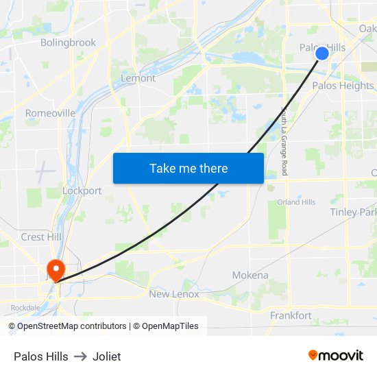 Palos Hills to Joliet map