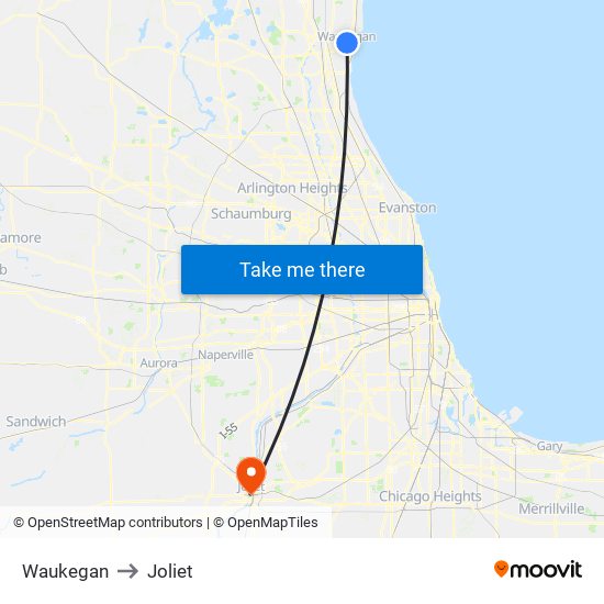 Waukegan to Joliet map