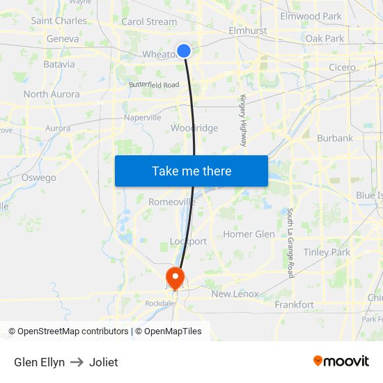 Glen Ellyn to Joliet map