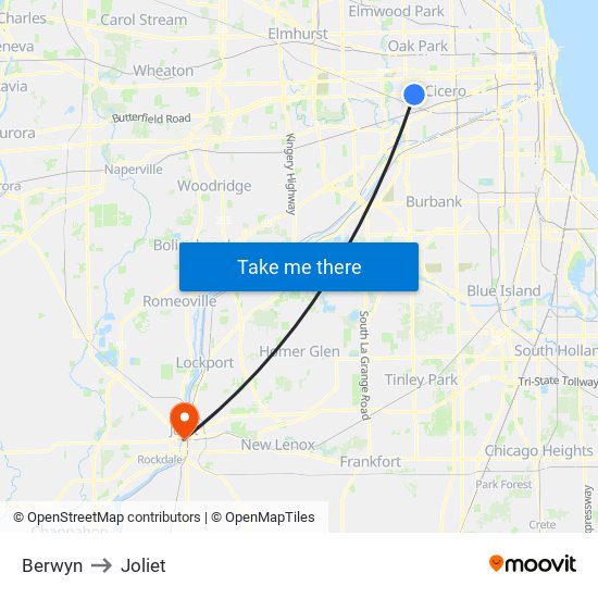 Berwyn to Joliet map