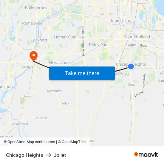 Chicago Heights to Joliet map