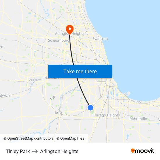 Tinley Park to Arlington Heights map