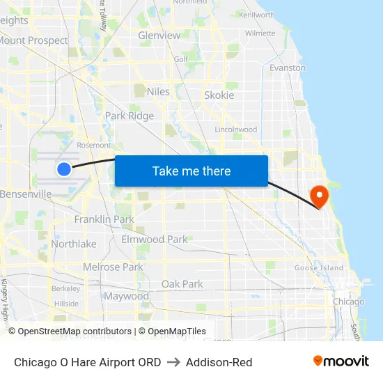 Chicago O Hare Airport ORD to Addison-Red map