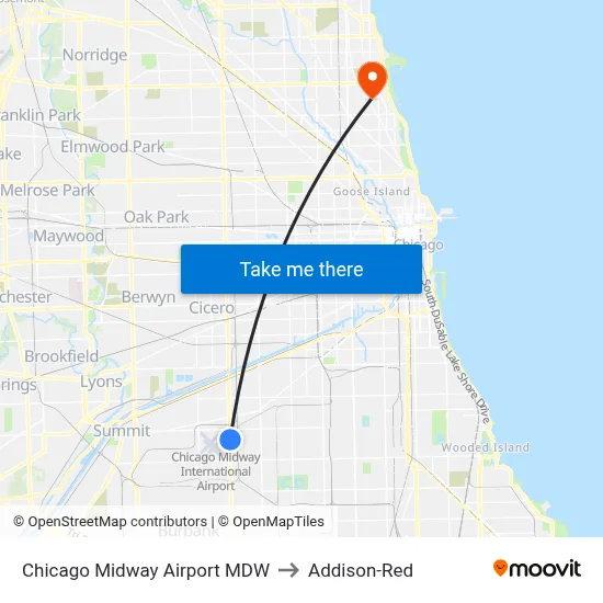 Chicago Midway Airport MDW to Addison-Red map