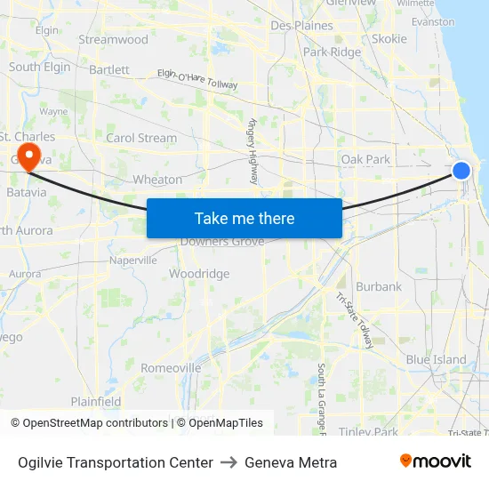 Ogilvie Transportation Center to Geneva Metra map