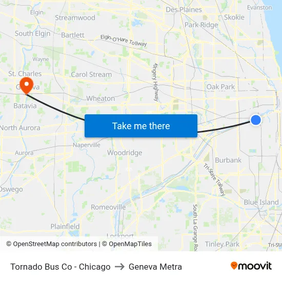 Tornado Bus Co - Chicago to Geneva Metra map