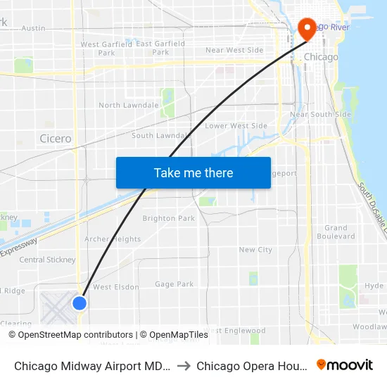 Chicago Midway Airport MDW to Chicago Opera House map