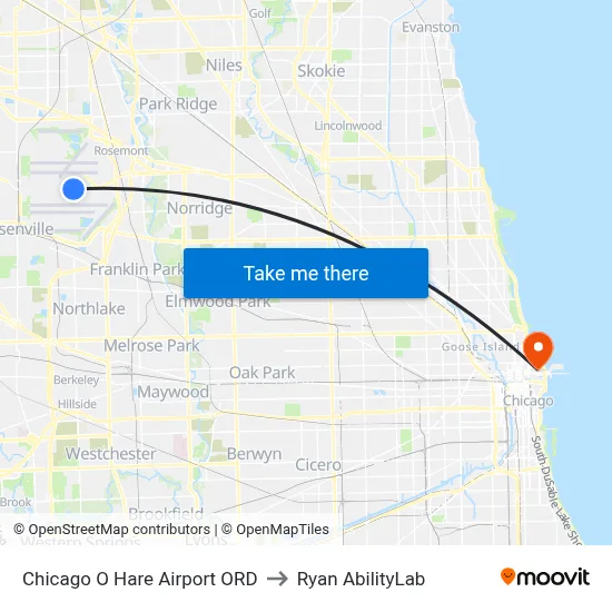 Chicago O Hare Airport ORD to Ryan AbilityLab map