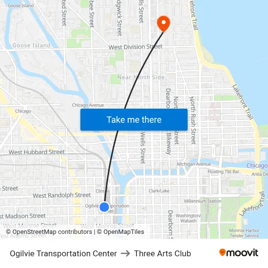 Ogilvie Transportation Center to Three Arts Club map
