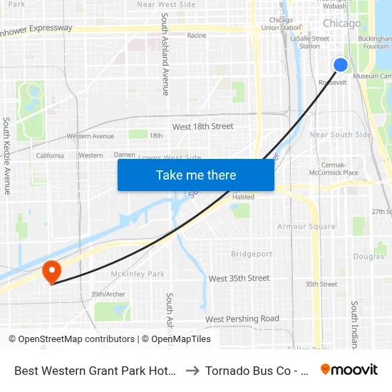 Best Western Grant Park Hotel Chicago to Tornado Bus Co - Chicago map