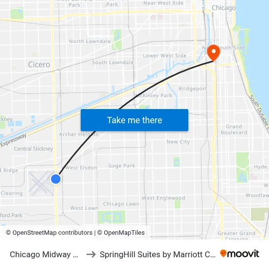 Chicago Midway Airport MDW to SpringHill Suites by Marriott Chicago Chinatown map