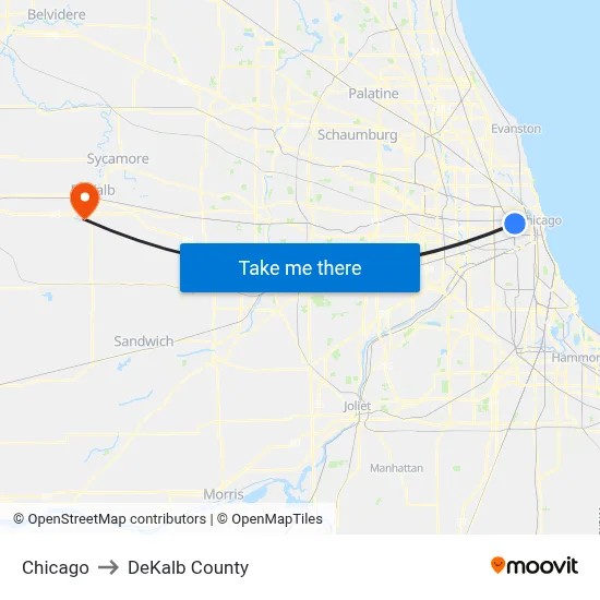 Chicago to DeKalb County map