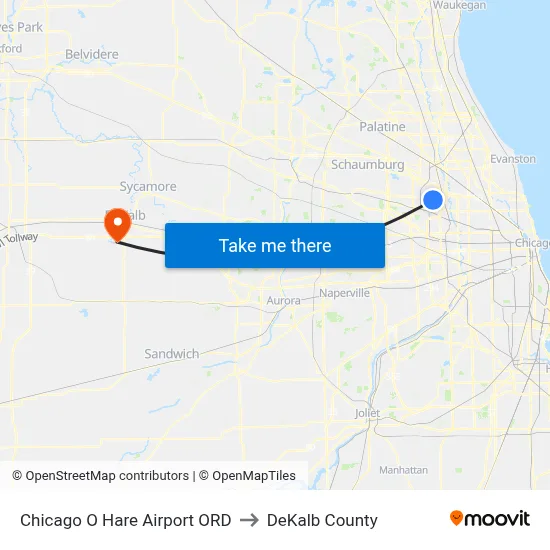 Chicago O Hare Airport ORD to DeKalb County map