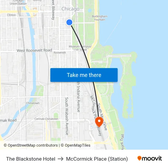 The Blackstone Hotel to McCormick Place (Station) map