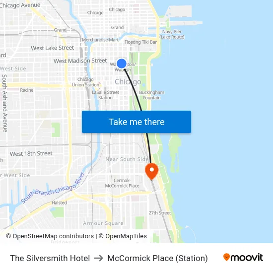 The Silversmith Hotel to McCormick Place (Station) map