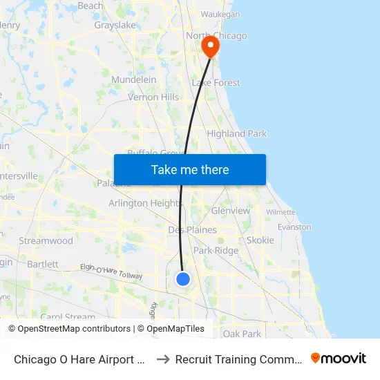 Chicago O Hare Airport ORD to Recruit Training Command map