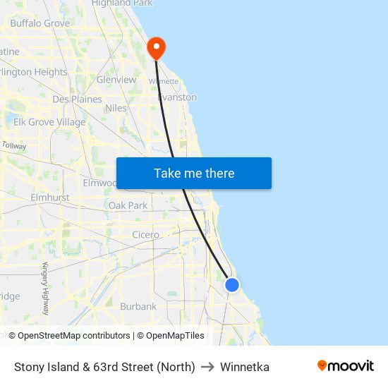 Stony Island & 63rd Street (North) to Winnetka map