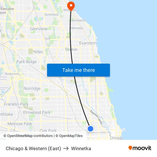 Chicago & Western (East) to Winnetka map