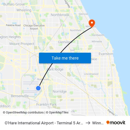 O'Hare International Airport - Terminal 5 Arrivals/Departures to Winnetka map