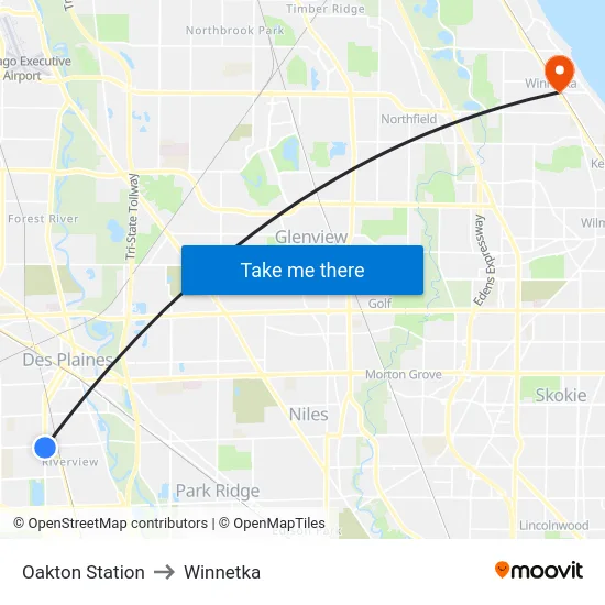Oakton Station to Winnetka map
