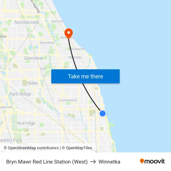 Bryn Mawr Red Line Station (West) to Winnetka map