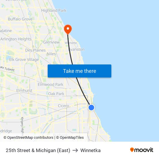 25th Street & Michigan (East) to Winnetka map