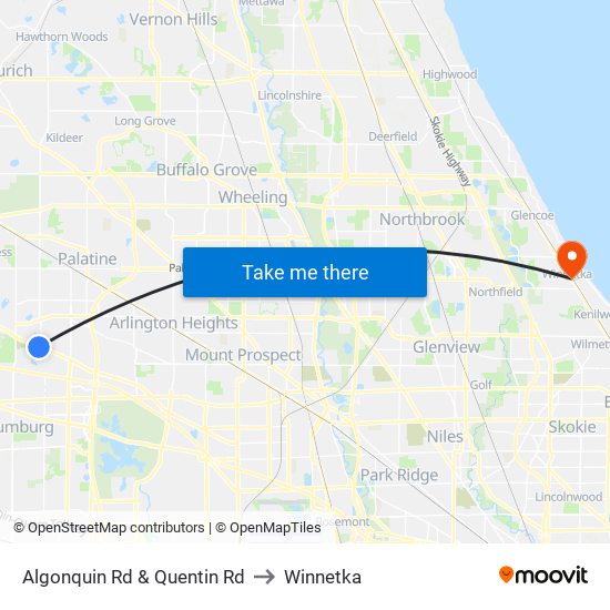 Algonquin Rd & Quentin Rd to Winnetka map