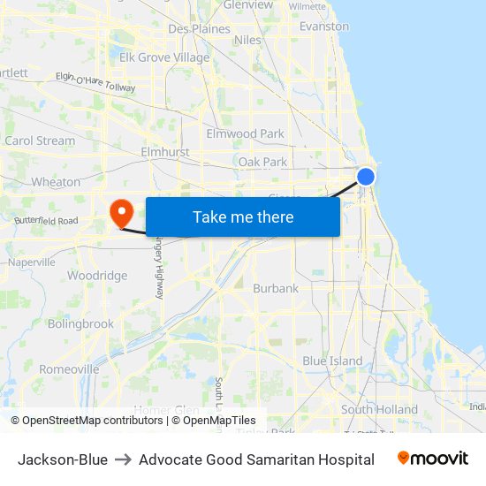 Jackson-Blue to Advocate Good Samaritan Hospital map