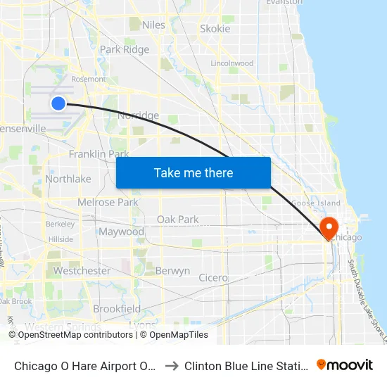 Chicago O Hare Airport ORD to Clinton Blue Line Station map