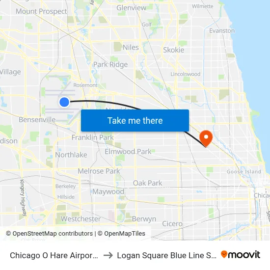 Chicago O Hare Airport ORD to Logan Square Blue Line Station map