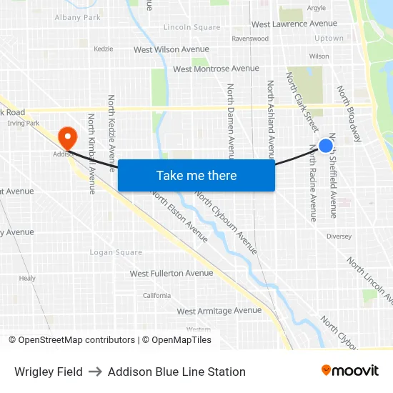 Wrigley Field to Addison Blue Line Station map