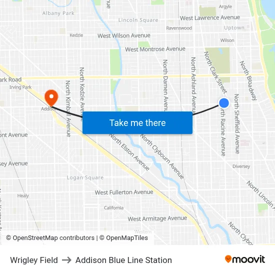 Wrigley Field to Addison Blue Line Station map