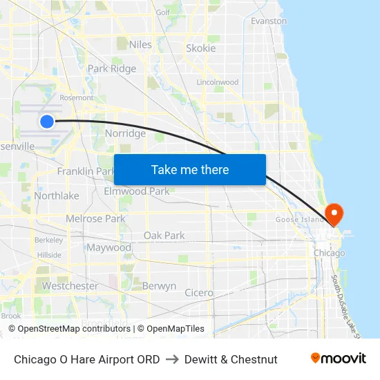 Chicago O Hare Airport ORD to Dewitt & Chestnut map