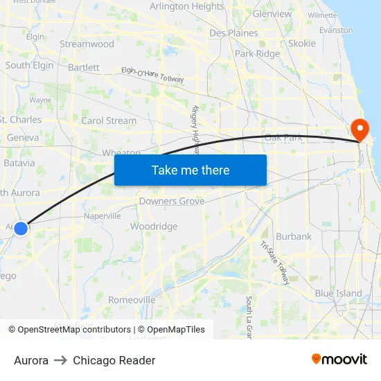 Aurora to Chicago Reader map