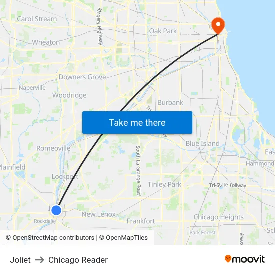 Joliet to Chicago Reader map