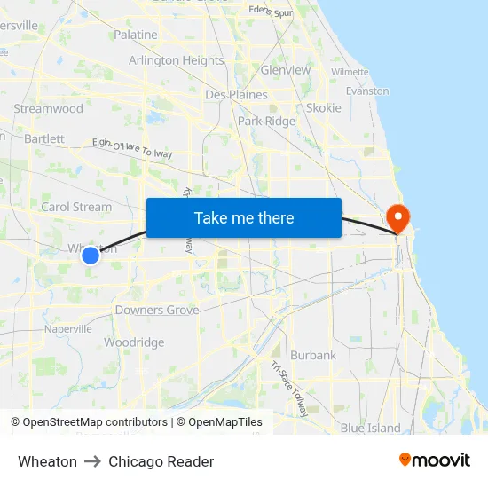 Wheaton to Chicago Reader map