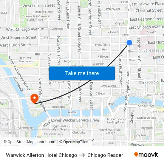 Warwick Allerton Hotel Chicago to Chicago Reader map